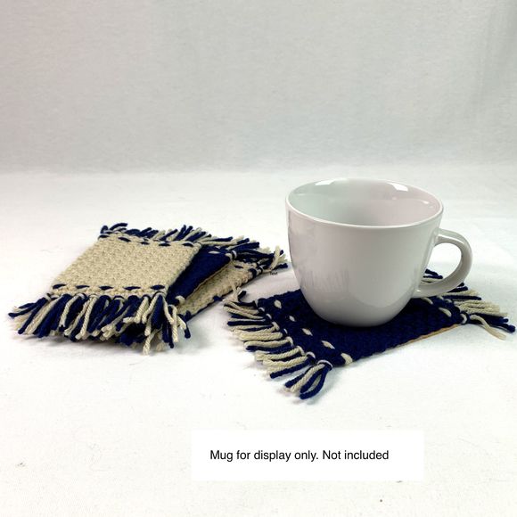 Mug Rugs Coasters Handmade Crochet Navy Blue Beige Fringe Felt Back Set of 4 - Picture 9 of 10